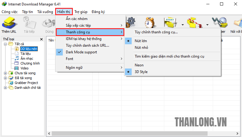 Tùy chỉnh giao diện cửa sổ chính IDM