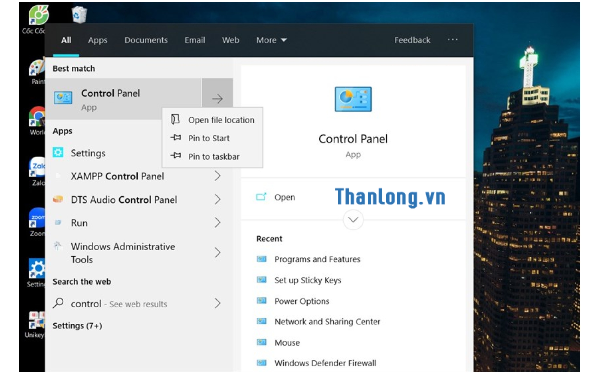 Mở Control Panel