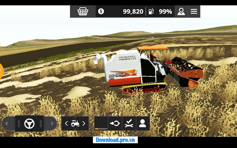 Bối cảnh ruộng lúa khi tải game máy cắt lúa Kubota 105x