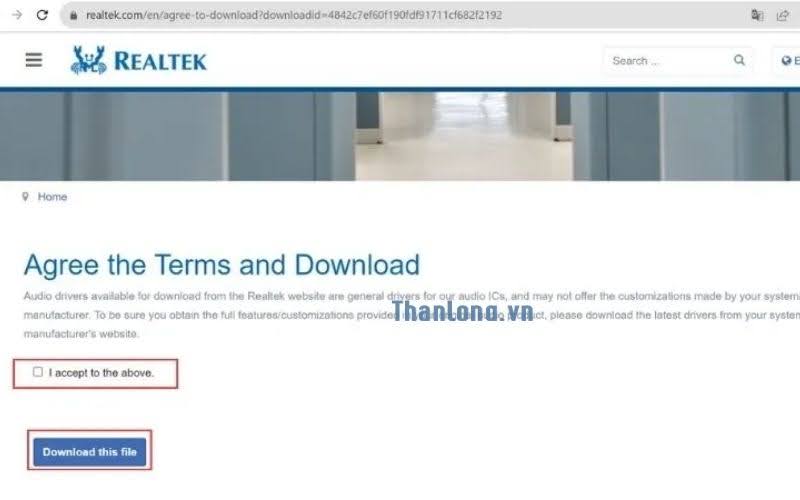 Đồng ý với điều khoản để tải realtek hd audio manager