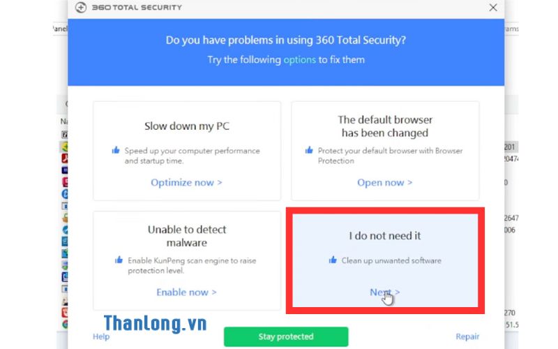 Nhắn next để tiếp tục tắt 360 total security