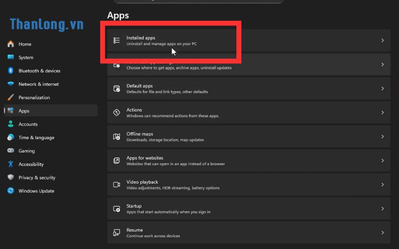 Tìm đến Installed Apps