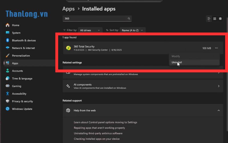 Nhấp vào Uninstall để tiến hành gỡ 360 total security