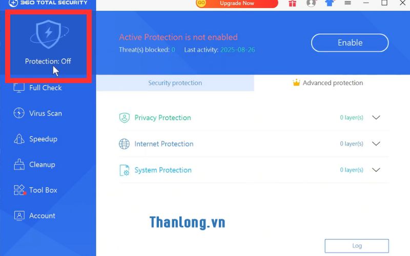 Giao diện sau khi tắt tạm thời