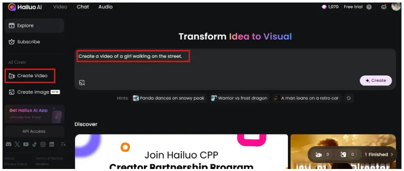 Nhập prompt mô tả video