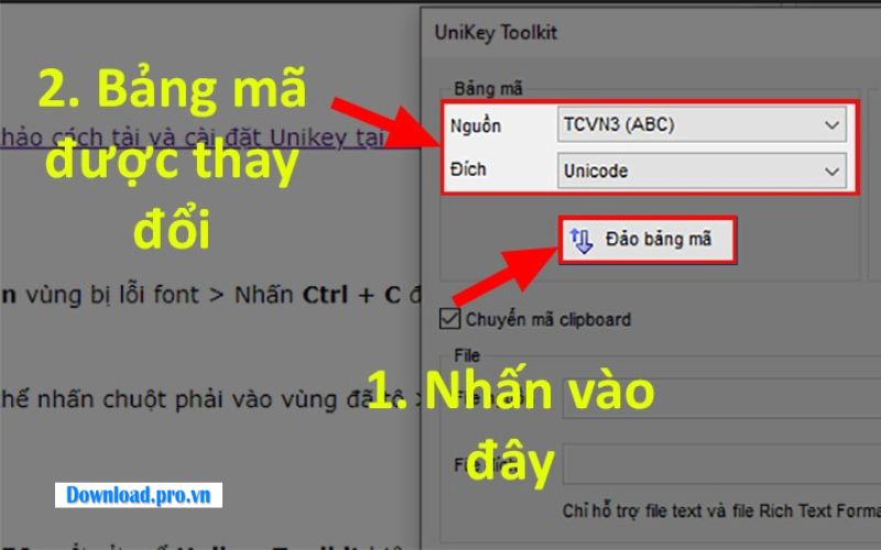 Thiết lập bảng mã nguồn và đích 