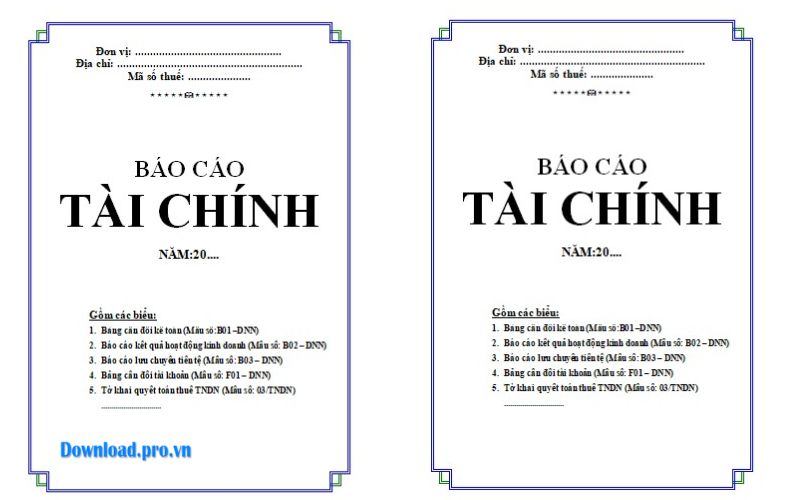 Bìa báo cáo tài chính theo chuẩn hiện hành