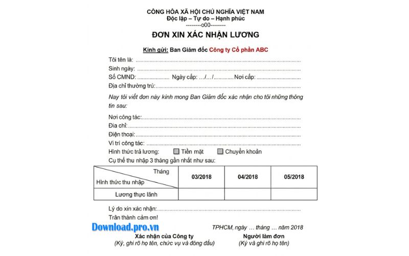 Mẫu xác nhận lương 3 tháng hoặc 6 tháng gần nhất