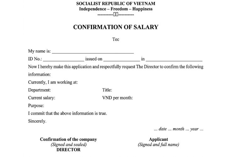 Mẫu giấy xác nhận lương của công ty dành cho nhân viên nước ngoài