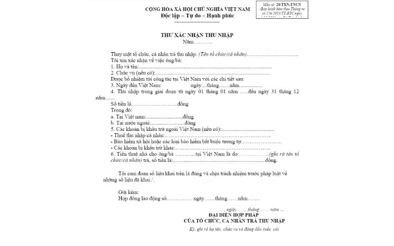 Mẫu xác nhận thu nhập cho cá nhân kinh doanh tự do