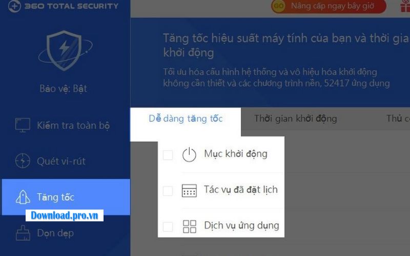 Tính năng tăng tốc của phần mềm virus 360 total security