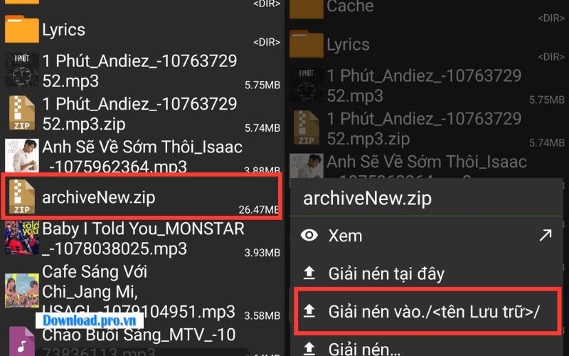 Nhấn vào file và chọn “Giải nén”
